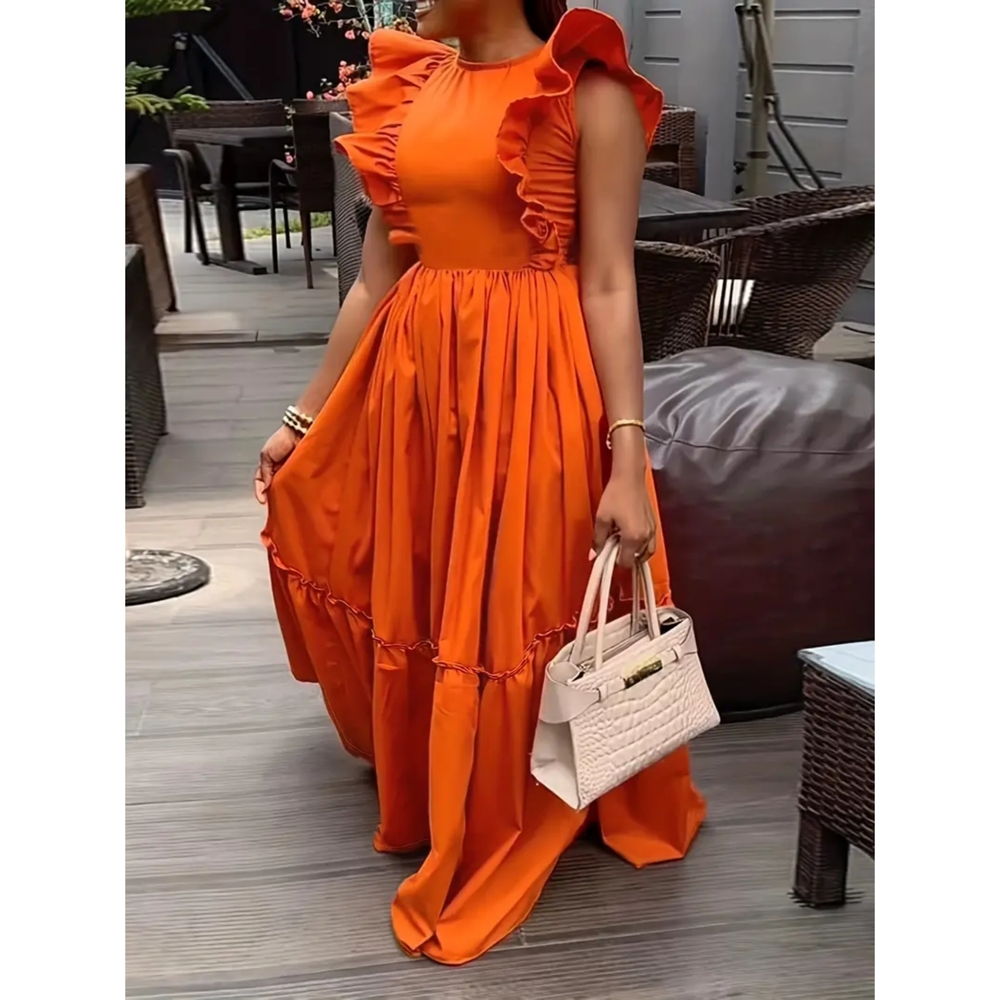 Vibrant Orange Ruffle Maxi Dress